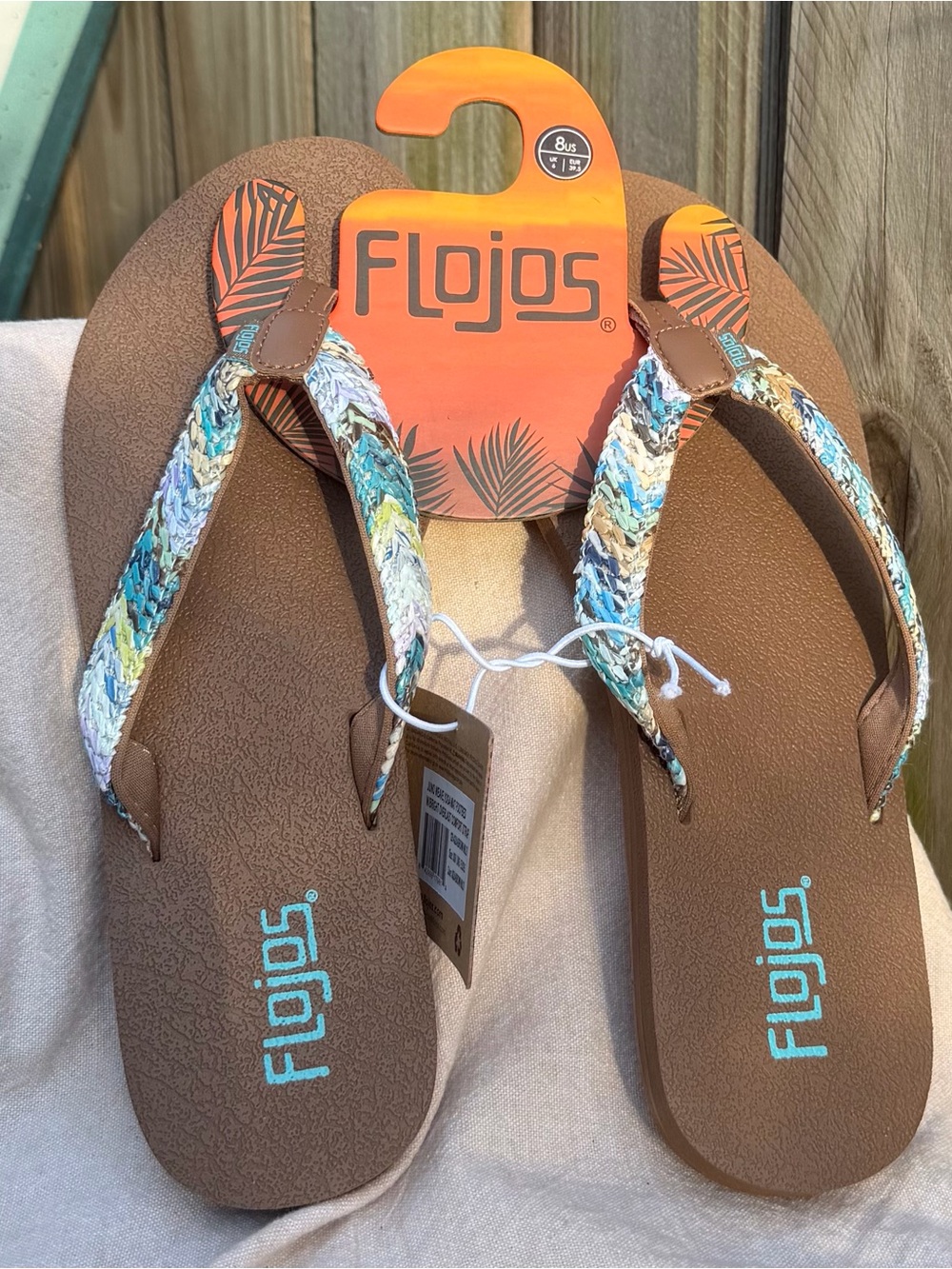 NWT~ Flojos Brown Flip Flops with Multicolor Braided Straps  SZ 8
